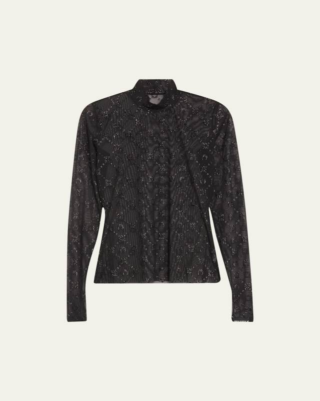 Regenerated Mesh Flock Glitter Mock-Neck Top